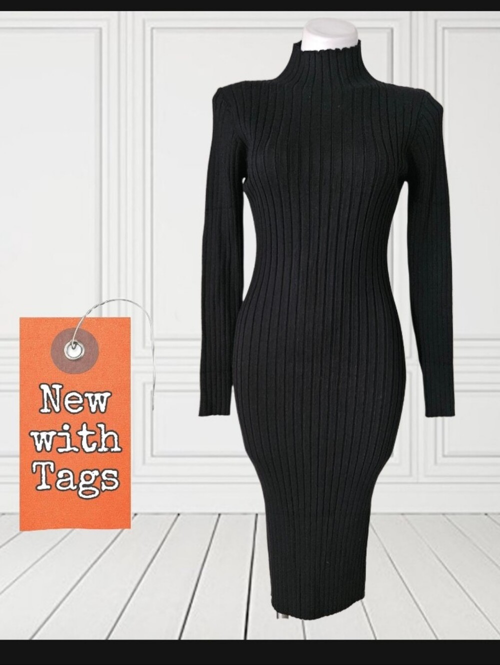 MEROKEETY® Black Ribbed Turtleneck Bodycon Dress -Large